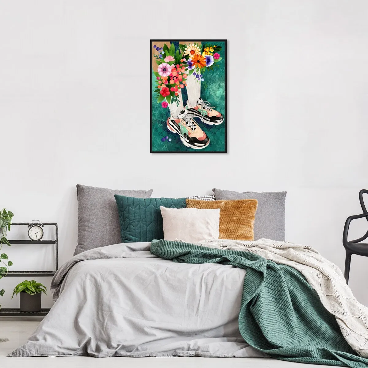 "Blooming Socks and Sneakers", Colorful floral sneaker outfit Modern Green Framed Canvas Wall Art Print for Bedroom