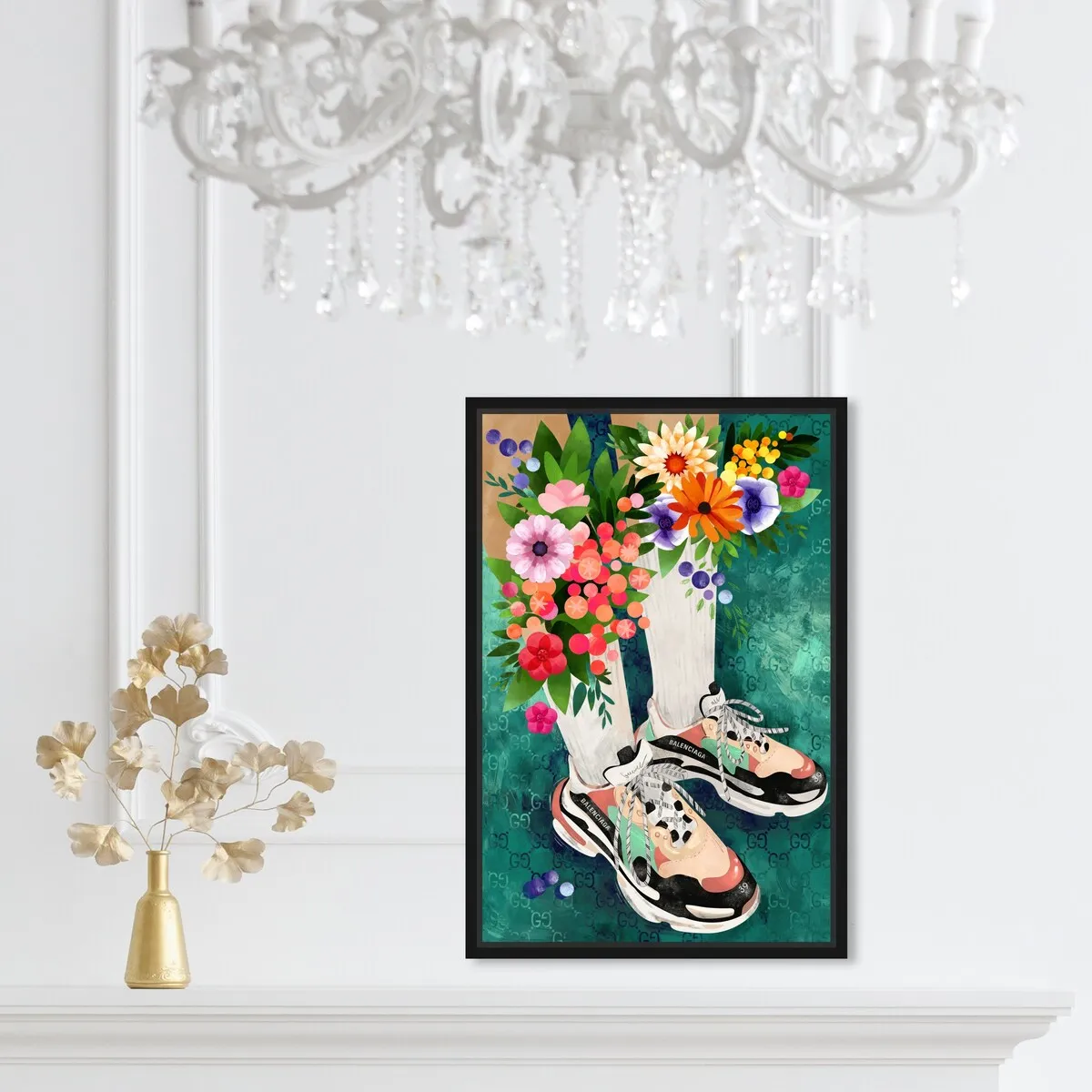 "Blooming Socks and Sneakers", Colorful floral sneaker outfit Modern Green Framed Canvas Wall Art Print for Bedroom