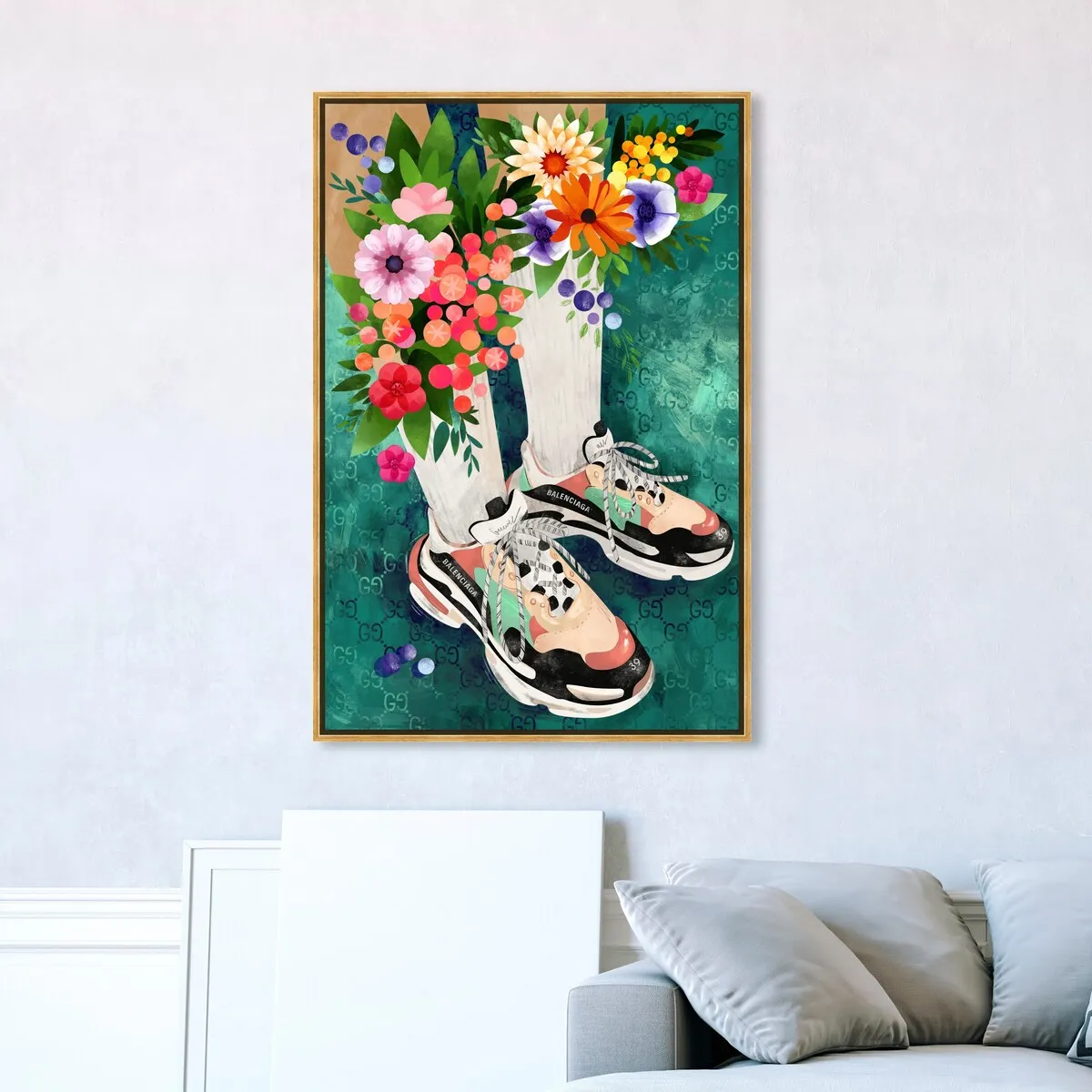 "Blooming Socks and Sneakers", Colorful floral sneaker outfit Modern Green Framed Canvas Wall Art Print for Bedroom