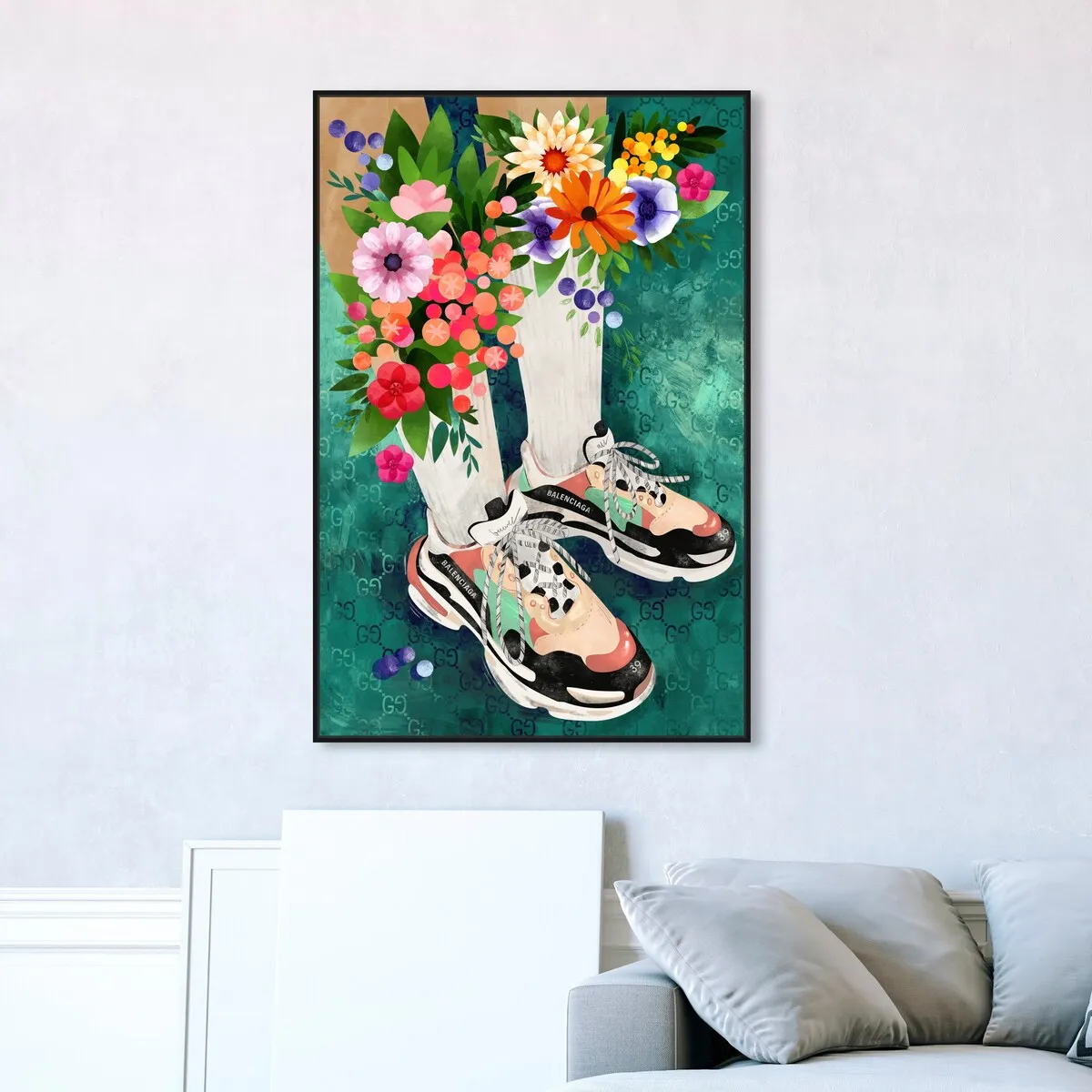 "Blooming Socks and Sneakers", Colorful floral sneaker outfit Modern Green Framed Canvas Wall Art Print for Bedroom