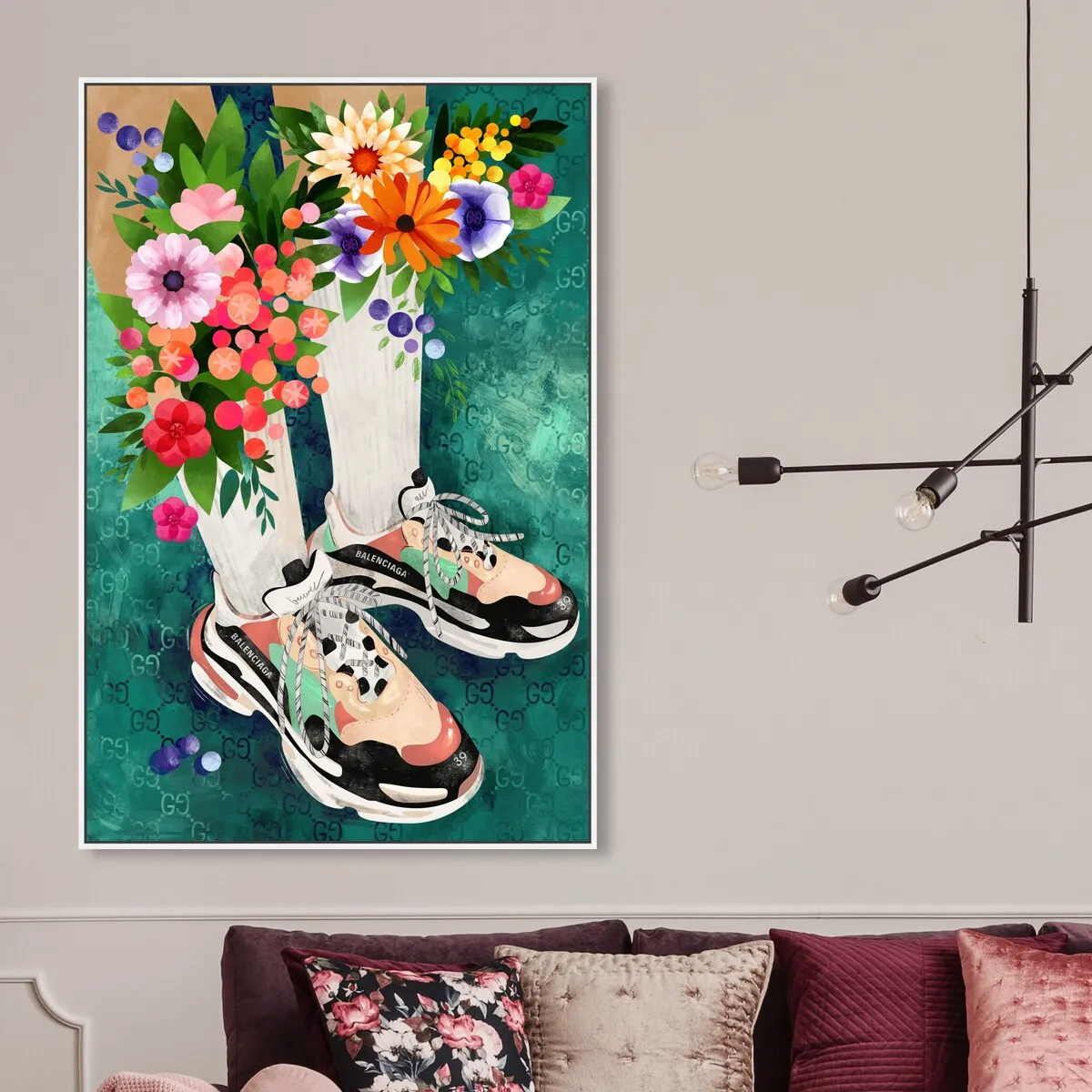 "Blooming Socks and Sneakers", Colorful floral sneaker outfit Modern Green Framed Canvas Wall Art Print for Bedroom