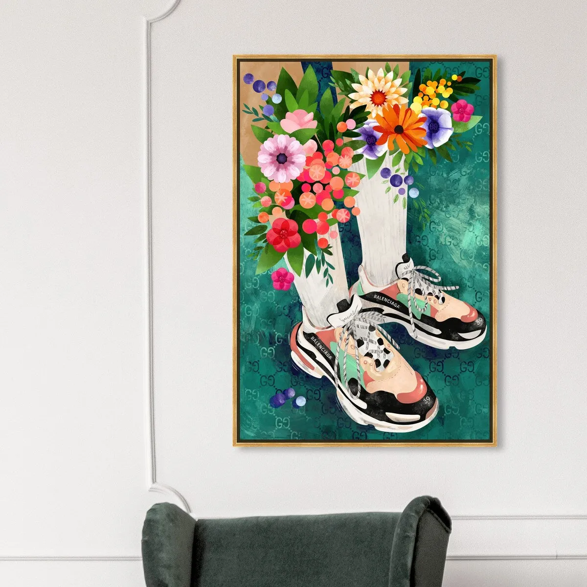 "Blooming Socks and Sneakers", Colorful floral sneaker outfit Modern Green Framed Canvas Wall Art Print for Bedroom