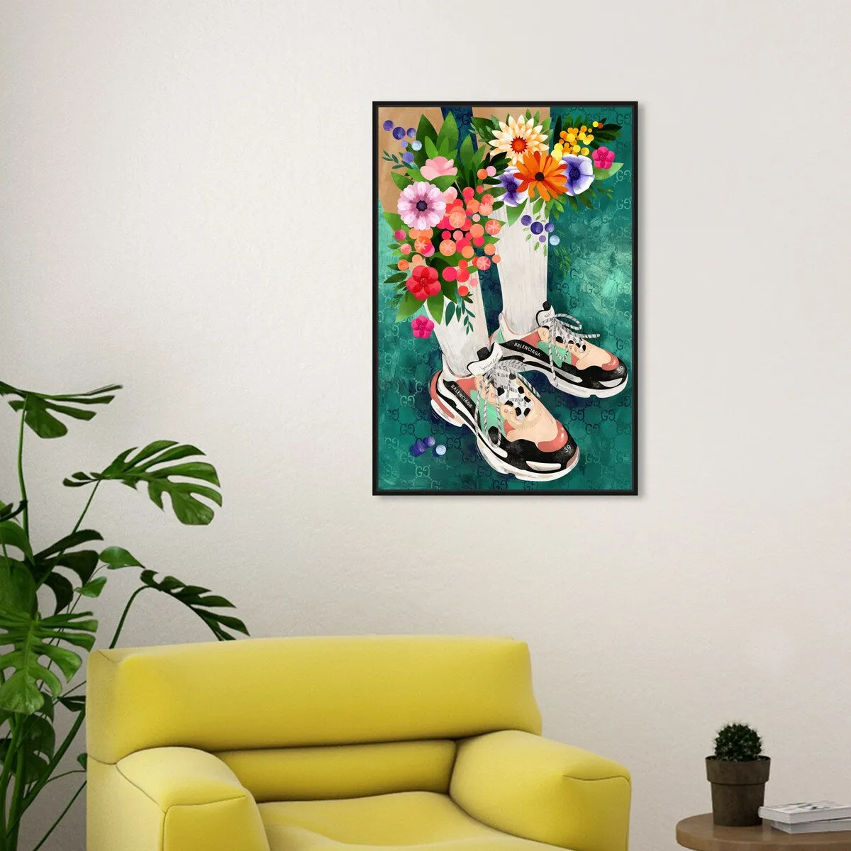 "Blooming Socks and Sneakers", Colorful floral sneaker outfit Modern Green Framed Canvas Wall Art Print for Bedroom