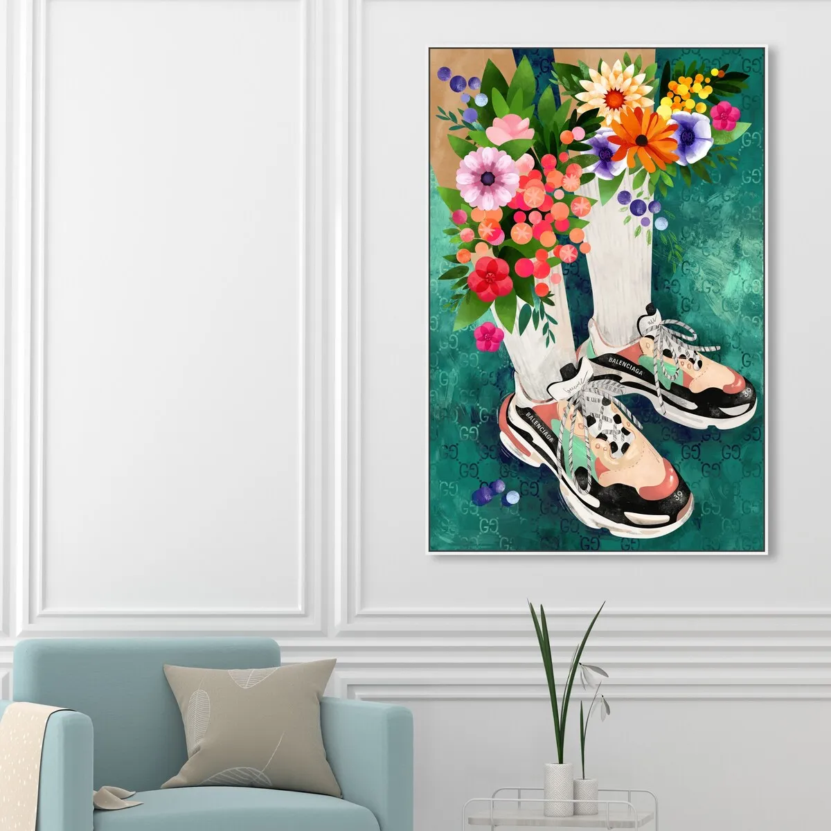 "Blooming Socks and Sneakers", Colorful floral sneaker outfit Modern Green Framed Canvas Wall Art Print for Bedroom