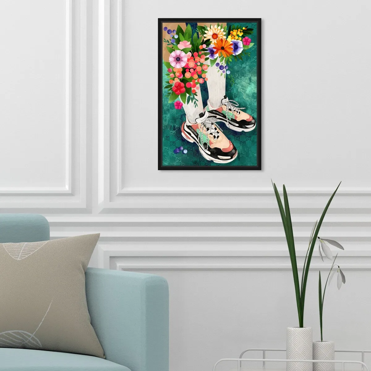 "Blooming Socks and Sneakers", Colorful floral sneaker outfit Modern Green Framed Canvas Wall Art Print for Bedroom