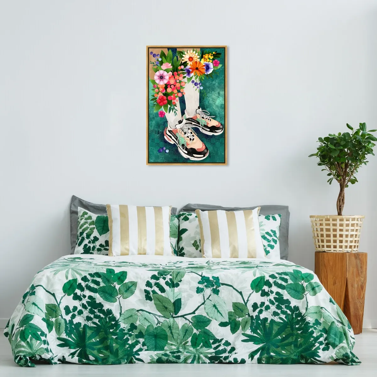 "Blooming Socks and Sneakers", Colorful floral sneaker outfit Modern Green Framed Canvas Wall Art Print for Bedroom