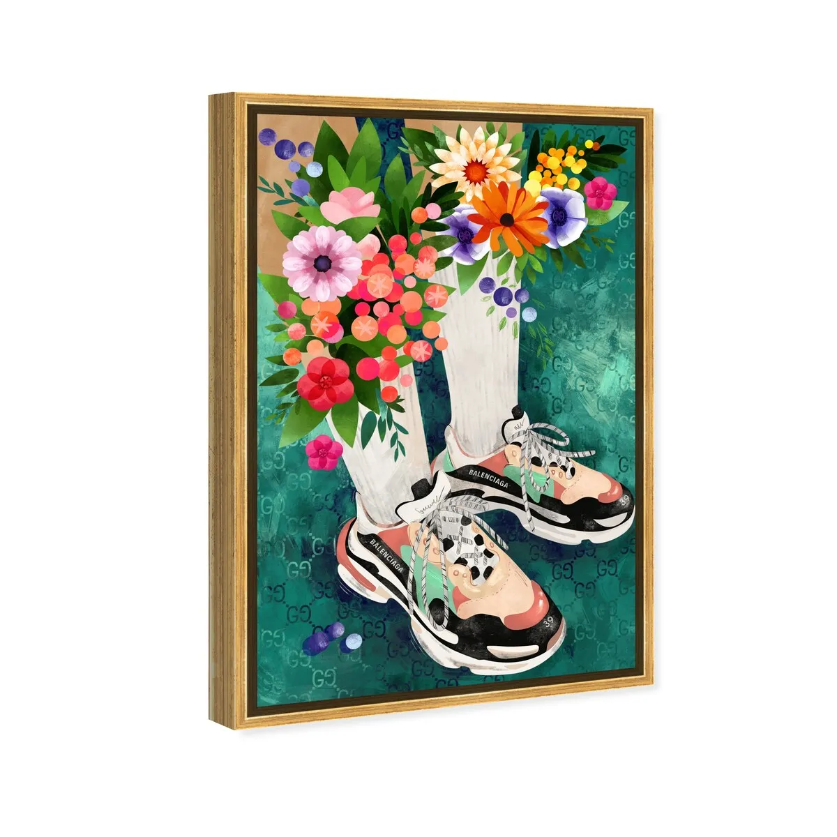 "Blooming Socks and Sneakers", Colorful floral sneaker outfit Modern Green Framed Canvas Wall Art Print for Bedroom