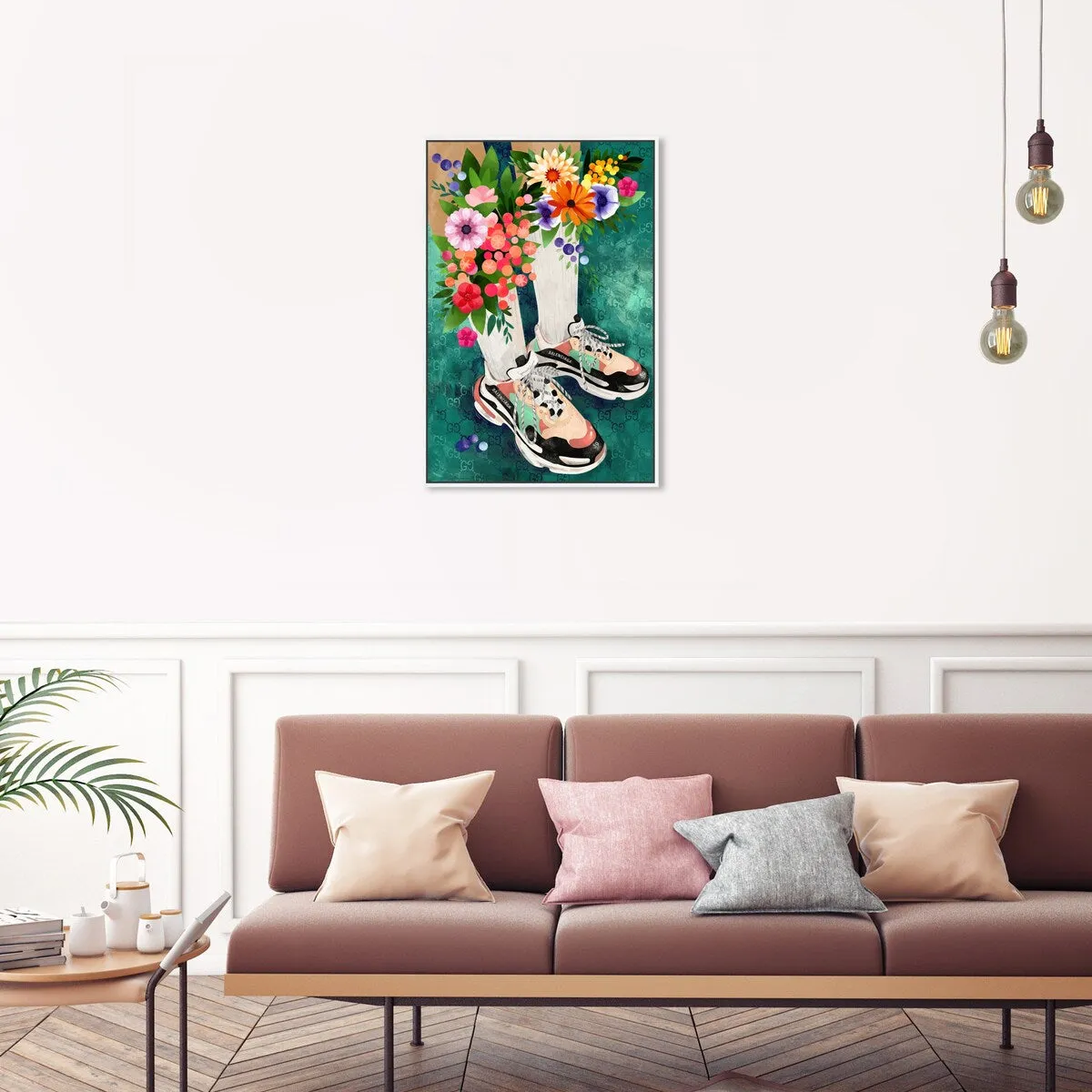 "Blooming Socks and Sneakers", Colorful floral sneaker outfit Modern Green Framed Canvas Wall Art Print for Bedroom