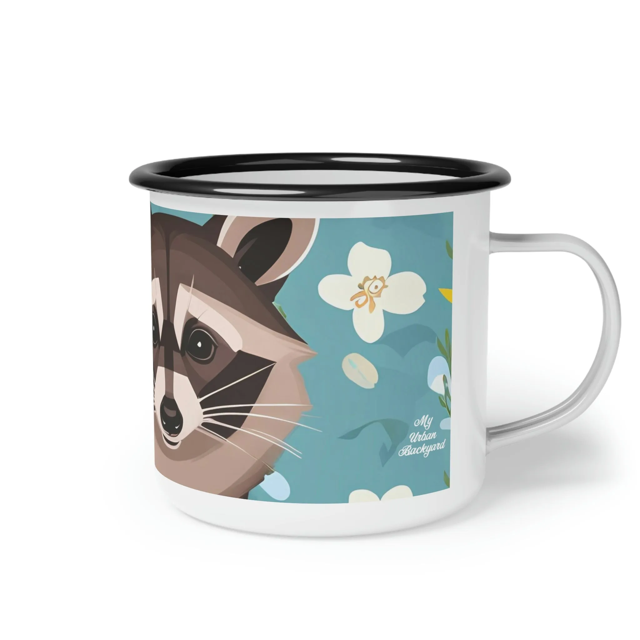 Raccoon with Flowers, Enamel Camping Mug for Coffee, Tea, Cocoa, or Cereal - 12oz