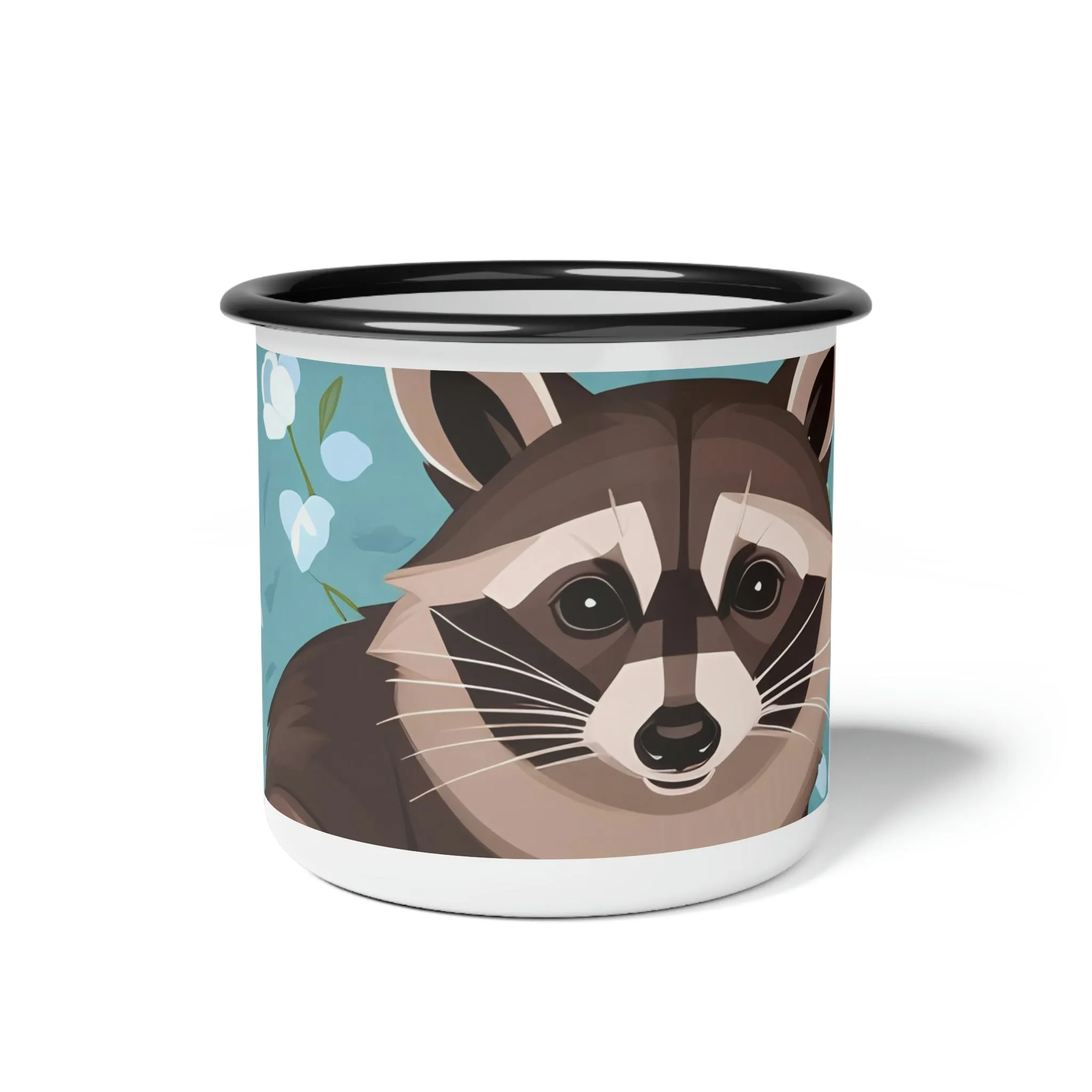 Raccoon with Flowers, Enamel Camping Mug for Coffee, Tea, Cocoa, or Cereal - 12oz