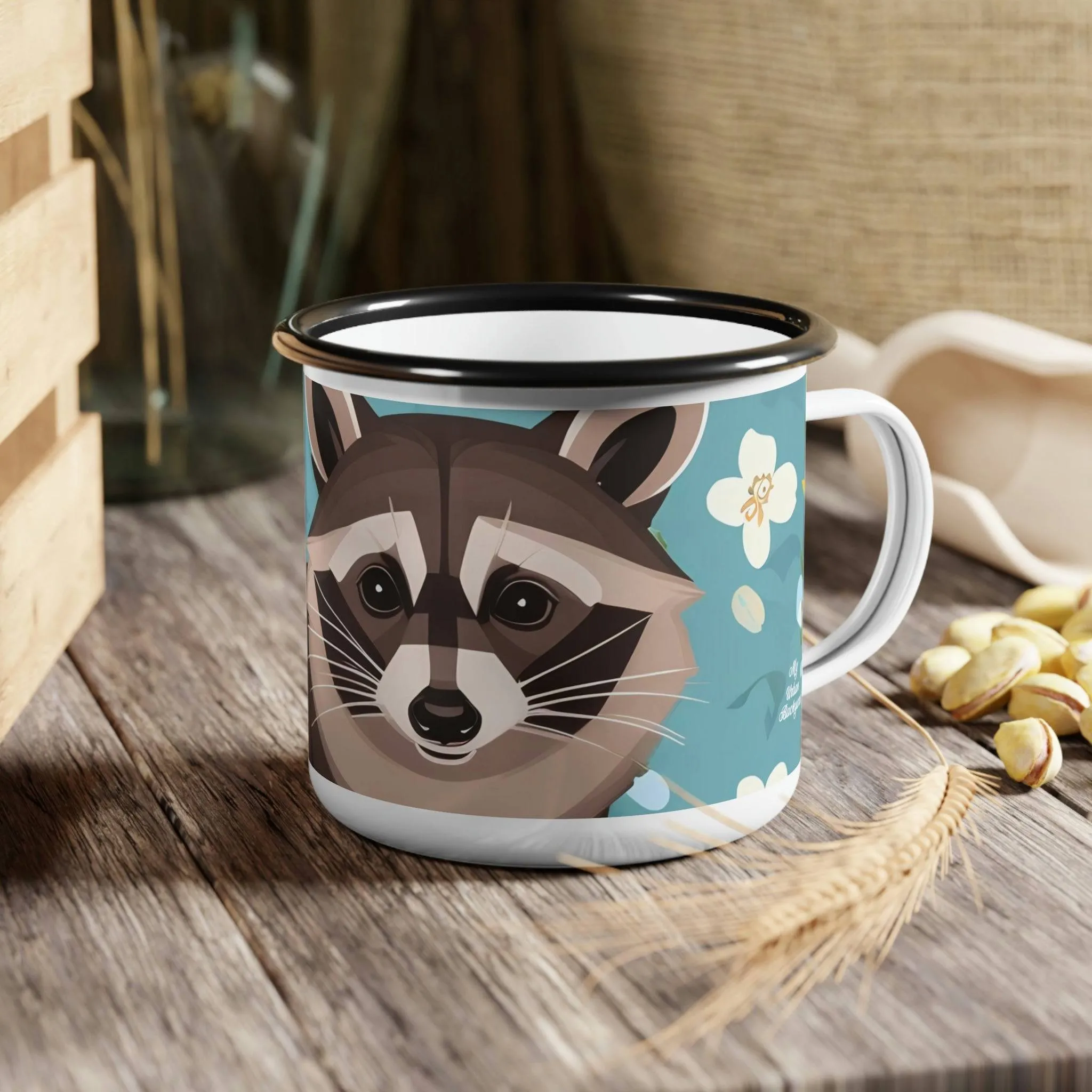 Raccoon with Flowers, Enamel Camping Mug for Coffee, Tea, Cocoa, or Cereal - 12oz