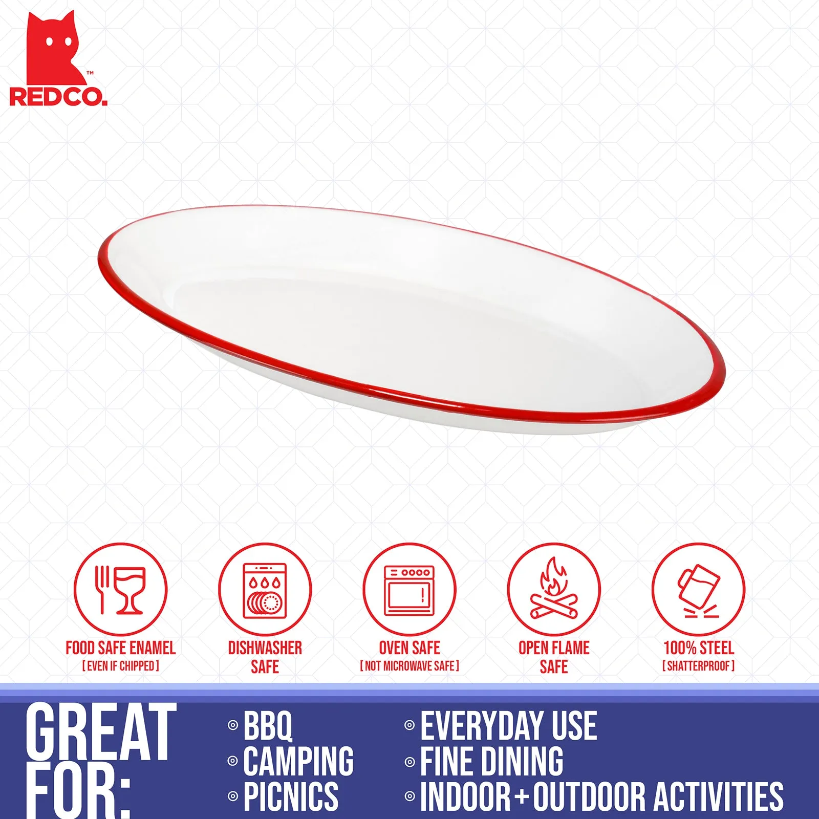 Red Co. Enamelware Metal Classic 13" Serving Oval Tray Platter, Solid White/Colored Rim