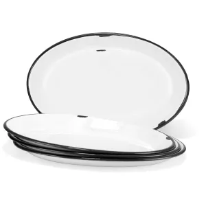 Red Co. Set of 4 Enamelware Metal Classic 13” Serving Oval Tray Platter, Distressed White/Black Rim