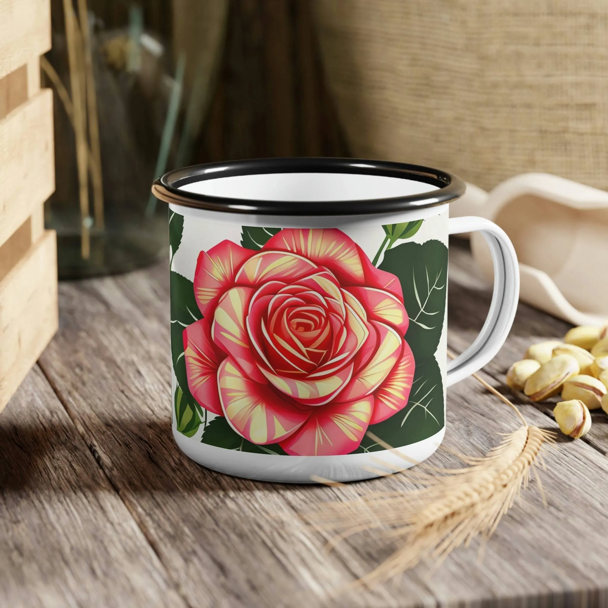 Rose Flower, Enamel Camping Mug for Coffee, Tea, Cocoa, or Cereal - 12oz