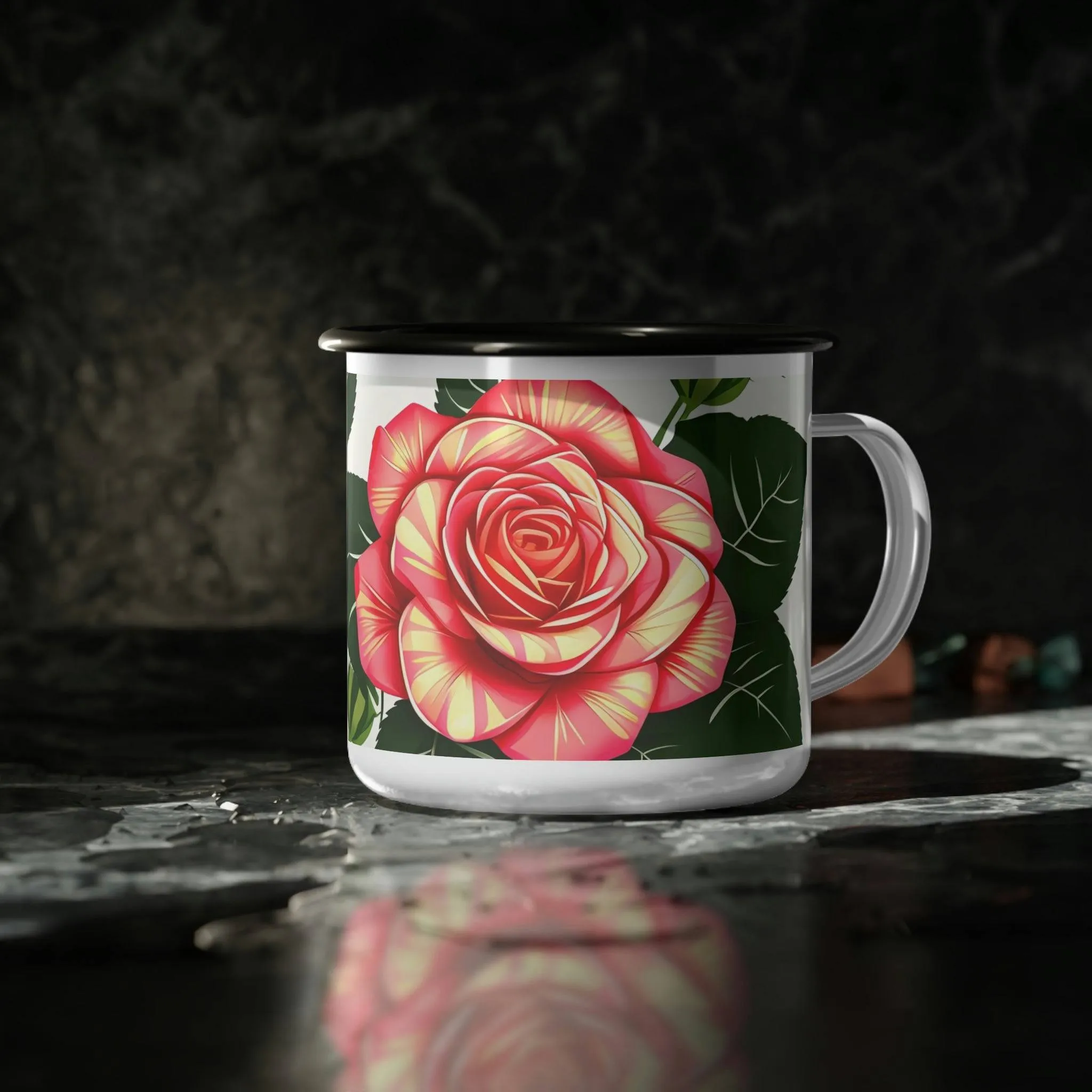 Rose Flower, Enamel Camping Mug for Coffee, Tea, Cocoa, or Cereal - 12oz