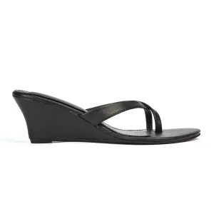 Shona Toe Post Slip On Low Wedge Heel Sandal Mules in Black