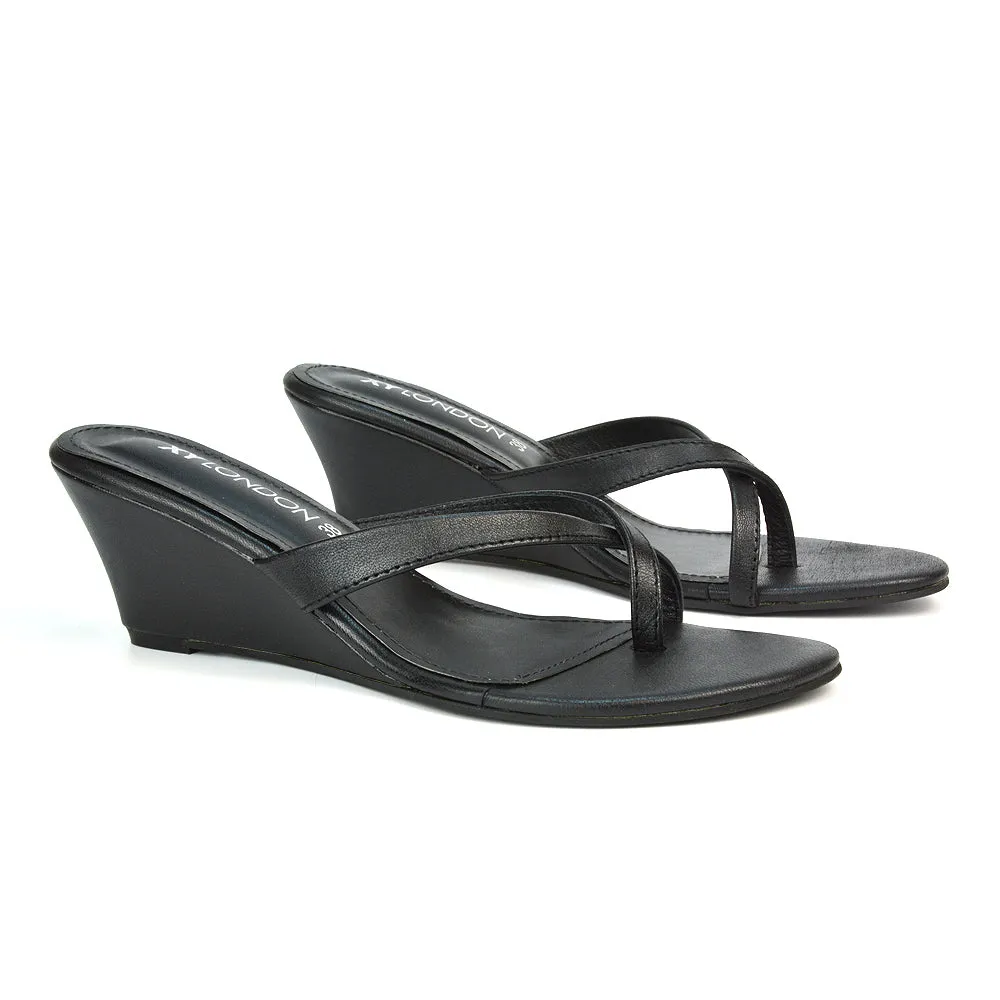 Shona Toe Post Slip On Low Wedge Heel Sandal Mules in Black