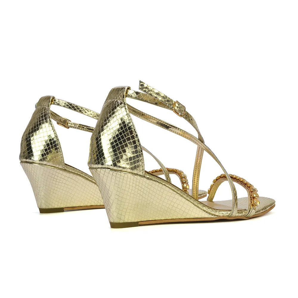 Sky Strappy Square Toe Patterned Diamante Wedge Heel Sandals in Gold