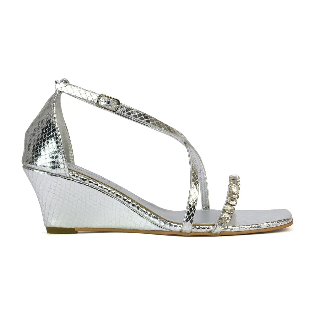 Sky Strappy Square Toe Patterned Diamante Wedge Heel Sandals in Gold