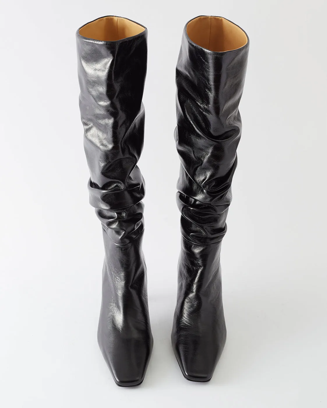 Slouchy Knee High Boot Leather Crinkle Shiny Black