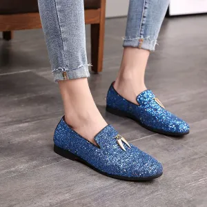 Sparkly Blue Casual Glittered Rhinestone Loafers with Tassels