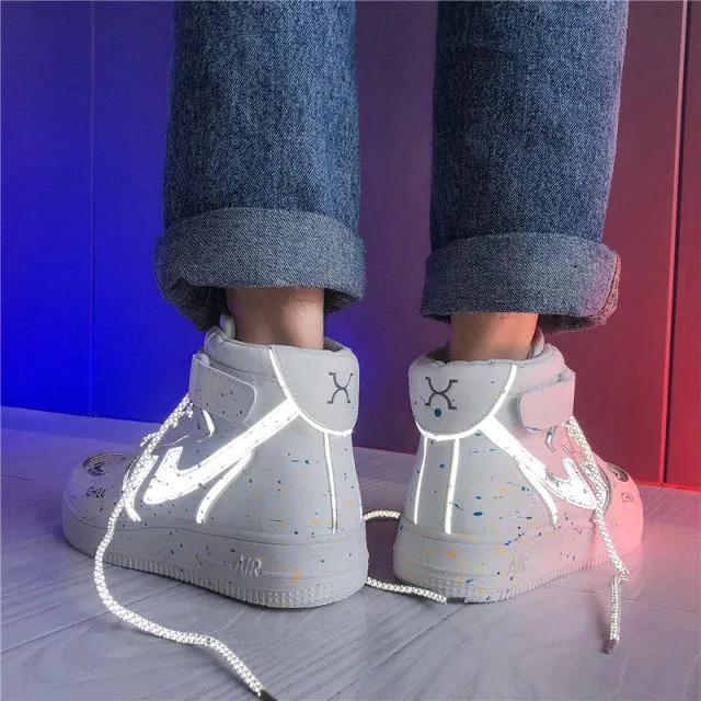 Spring and Autumn Men's High-Top Sports Casual Shoes Student Fashion White Luminous Flat Women's Shoes Couple Boots