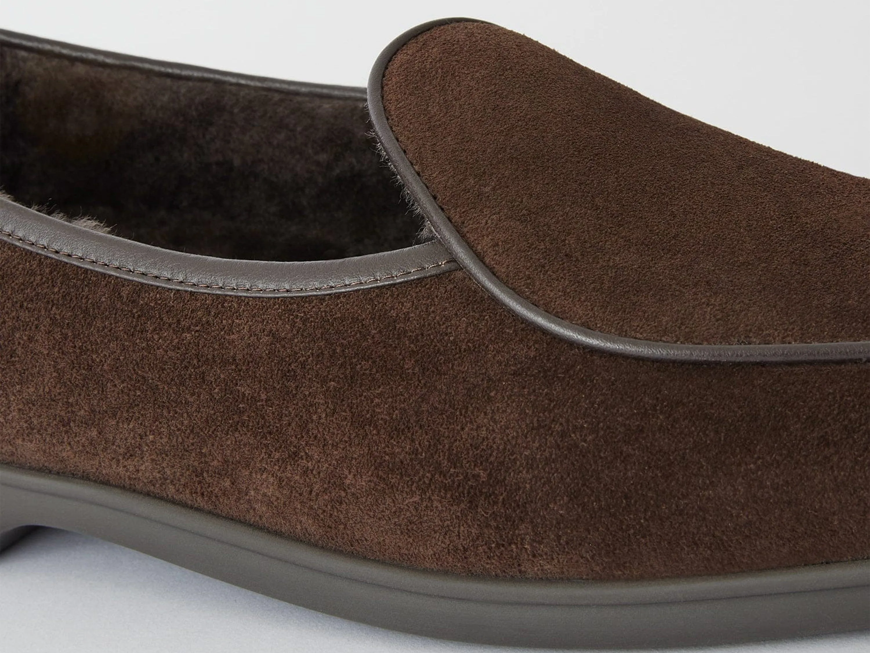 Stride Loafers in Dark Brown Glove Suede with Shearling Lining Dark Sole