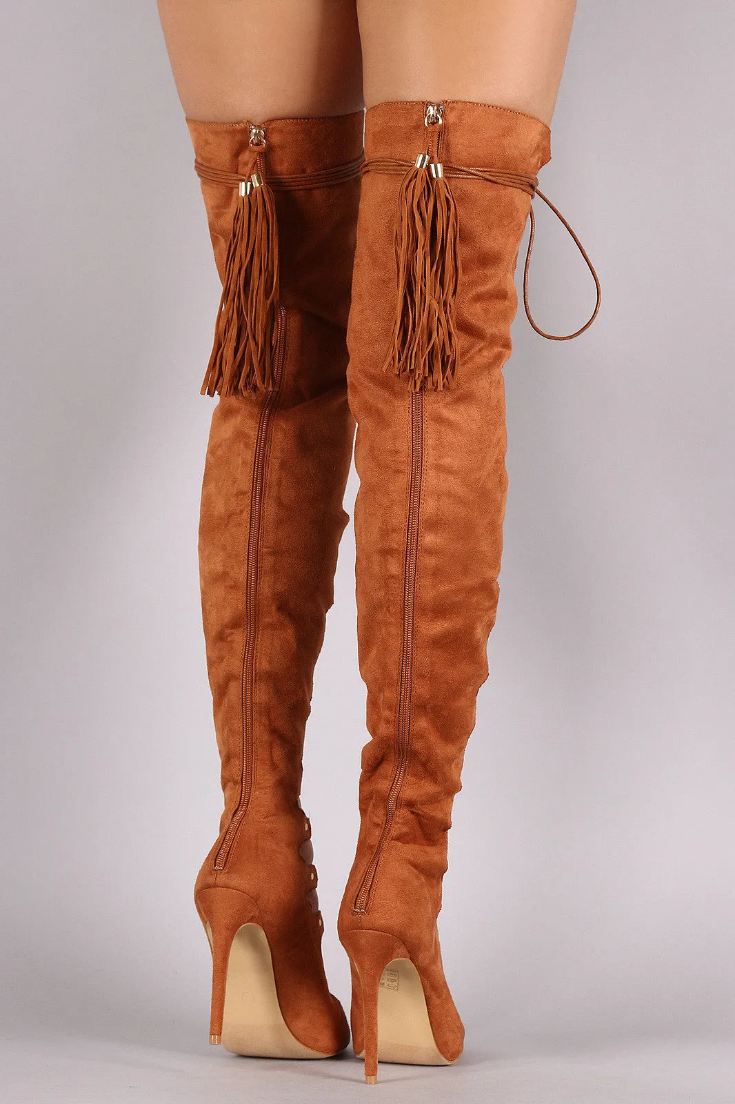 Suede Peep Toe Tassel Over-The-Knee Lace-Up Boots