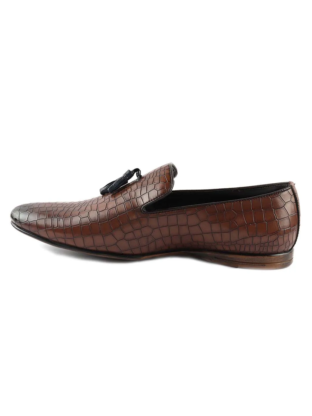 Tan Croco Tassel Loafers