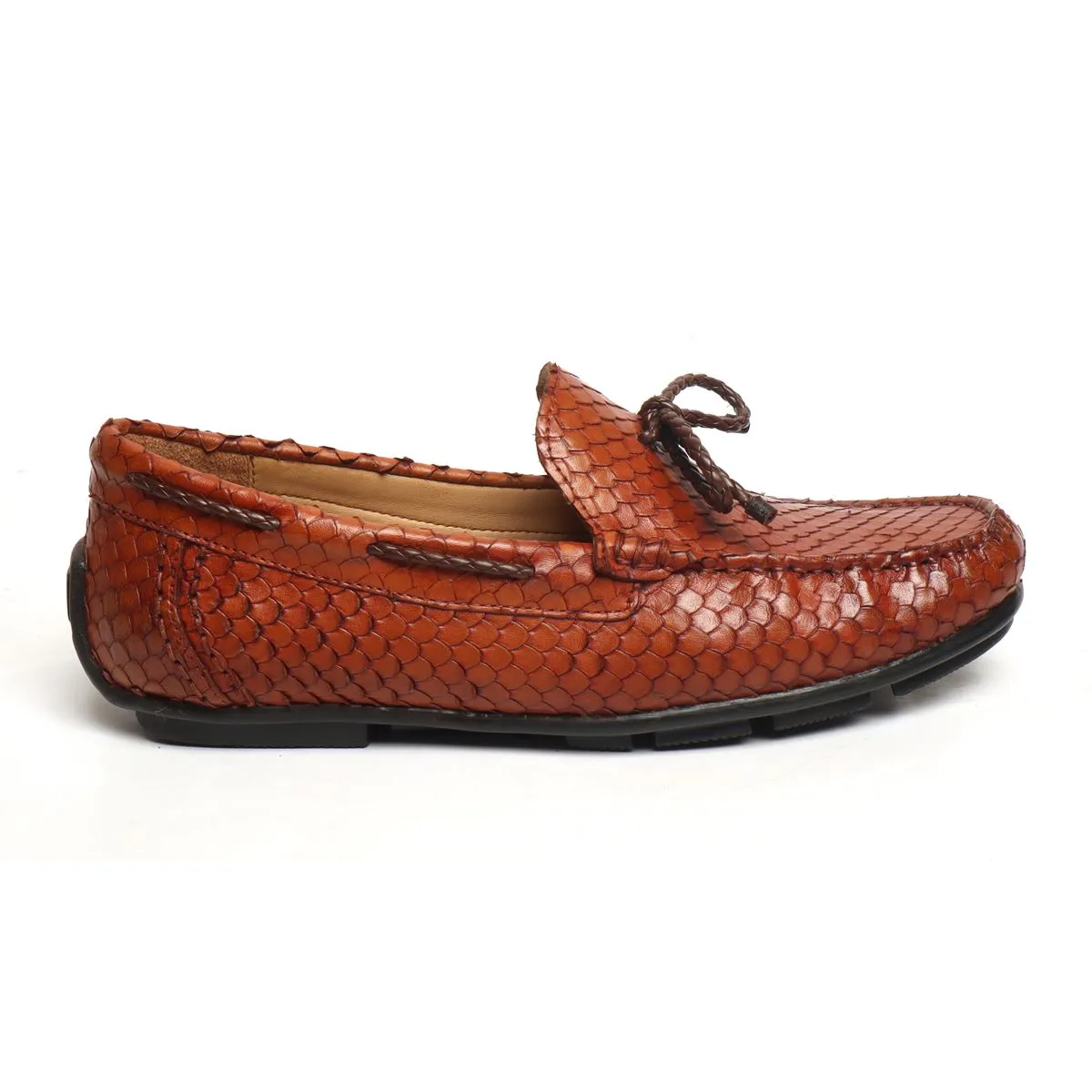 Tassel Bow Loafers Tan Snake Scales Textured Leather