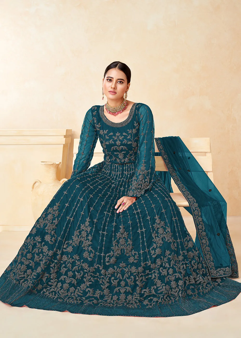 Tempting Teal Blue Net Wedding Wear Anarkali Dress