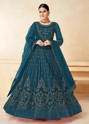 Tempting Teal Blue Net Wedding Wear Anarkali Dress