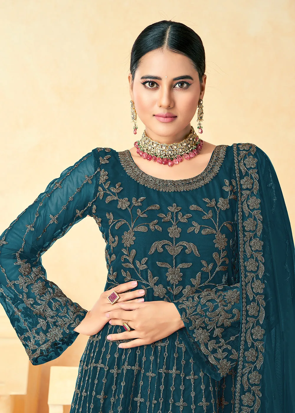 Tempting Teal Blue Net Wedding Wear Anarkali Dress