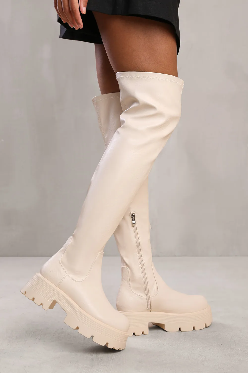 THEA OVER THE KNEE BOOT WITH CHUNKY SOLE IN CREAM FAUX LEATHER