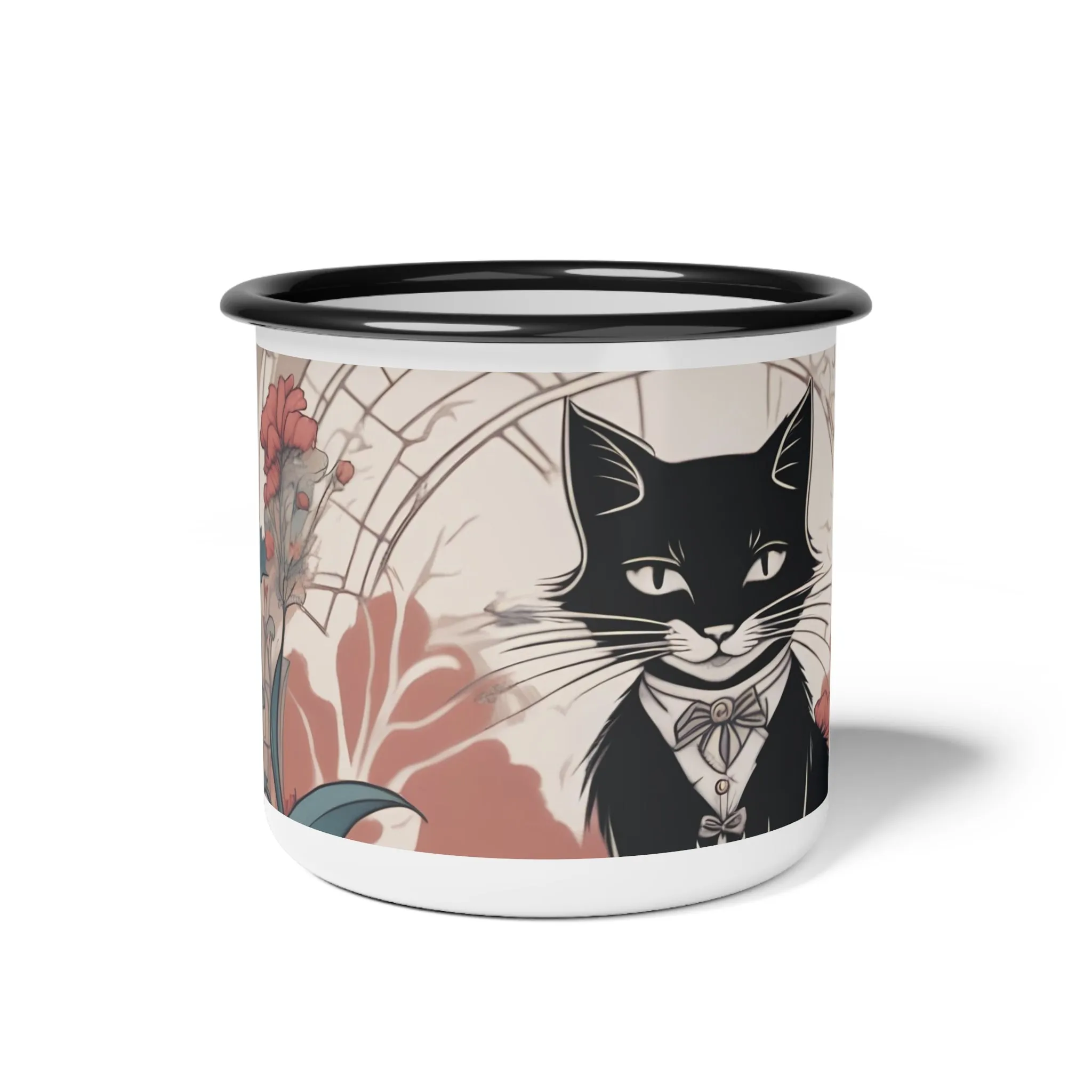 Tuxedo Cat with Flowers, Enamel Camping Mug for Coffee, Tea, Cocoa, or Cereal - 12oz