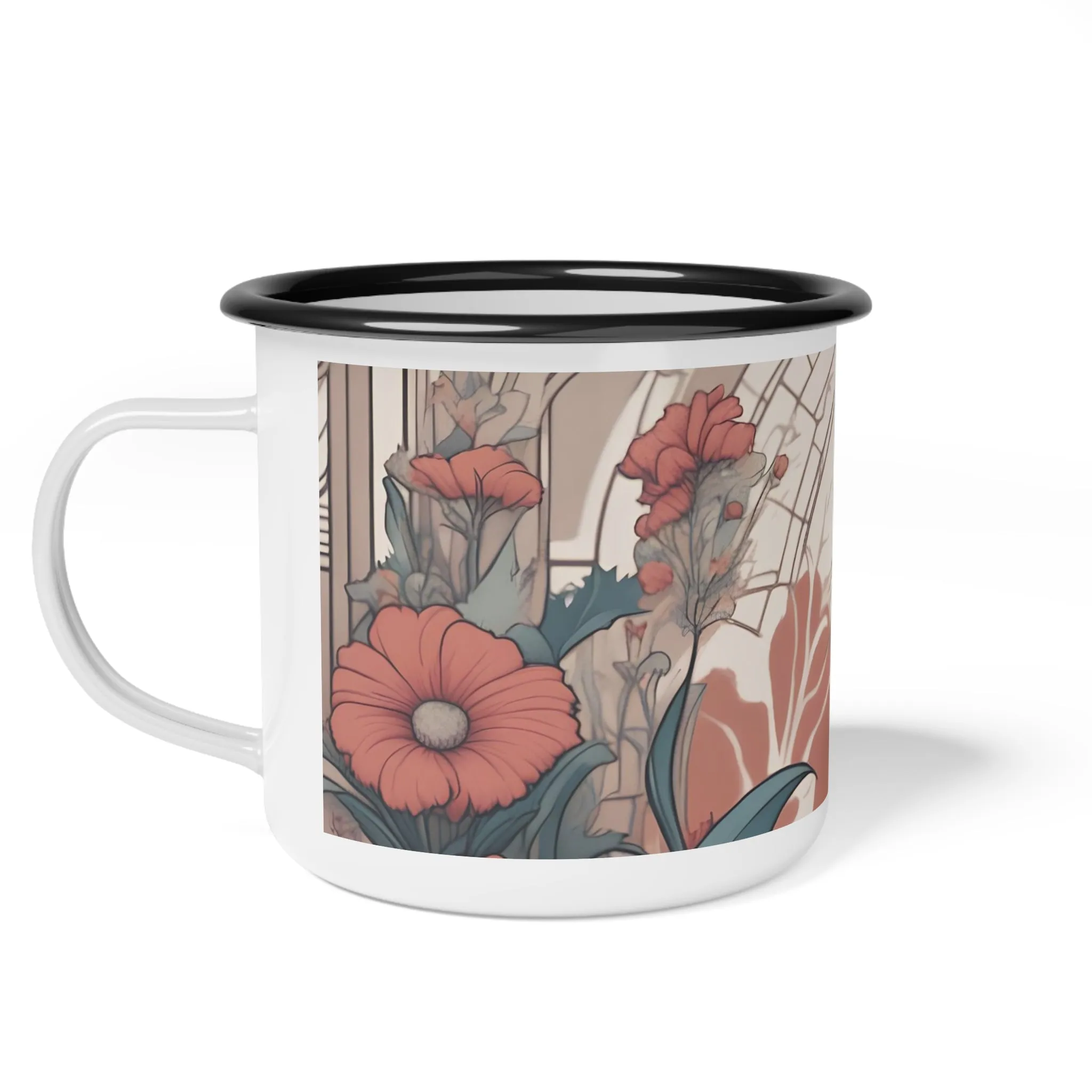 Tuxedo Cat with Flowers, Enamel Camping Mug for Coffee, Tea, Cocoa, or Cereal - 12oz