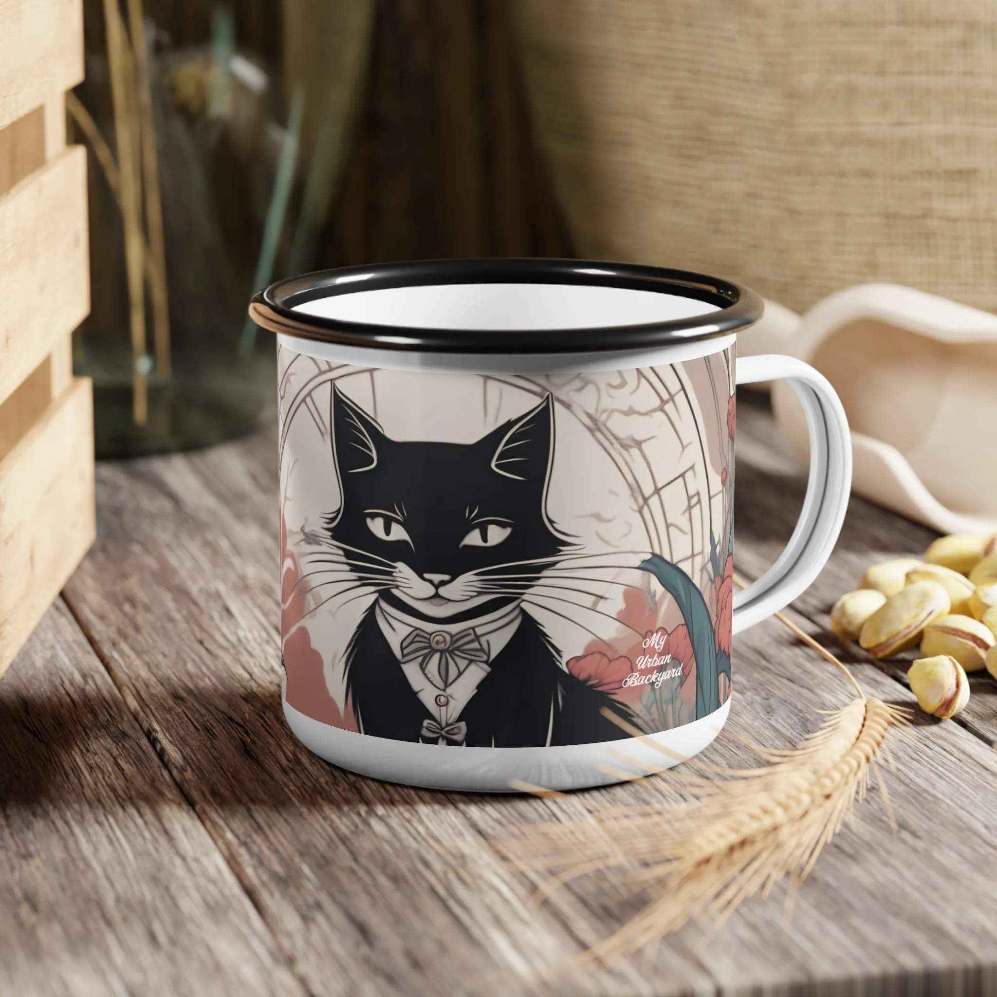 Tuxedo Cat with Flowers, Enamel Camping Mug for Coffee, Tea, Cocoa, or Cereal - 12oz