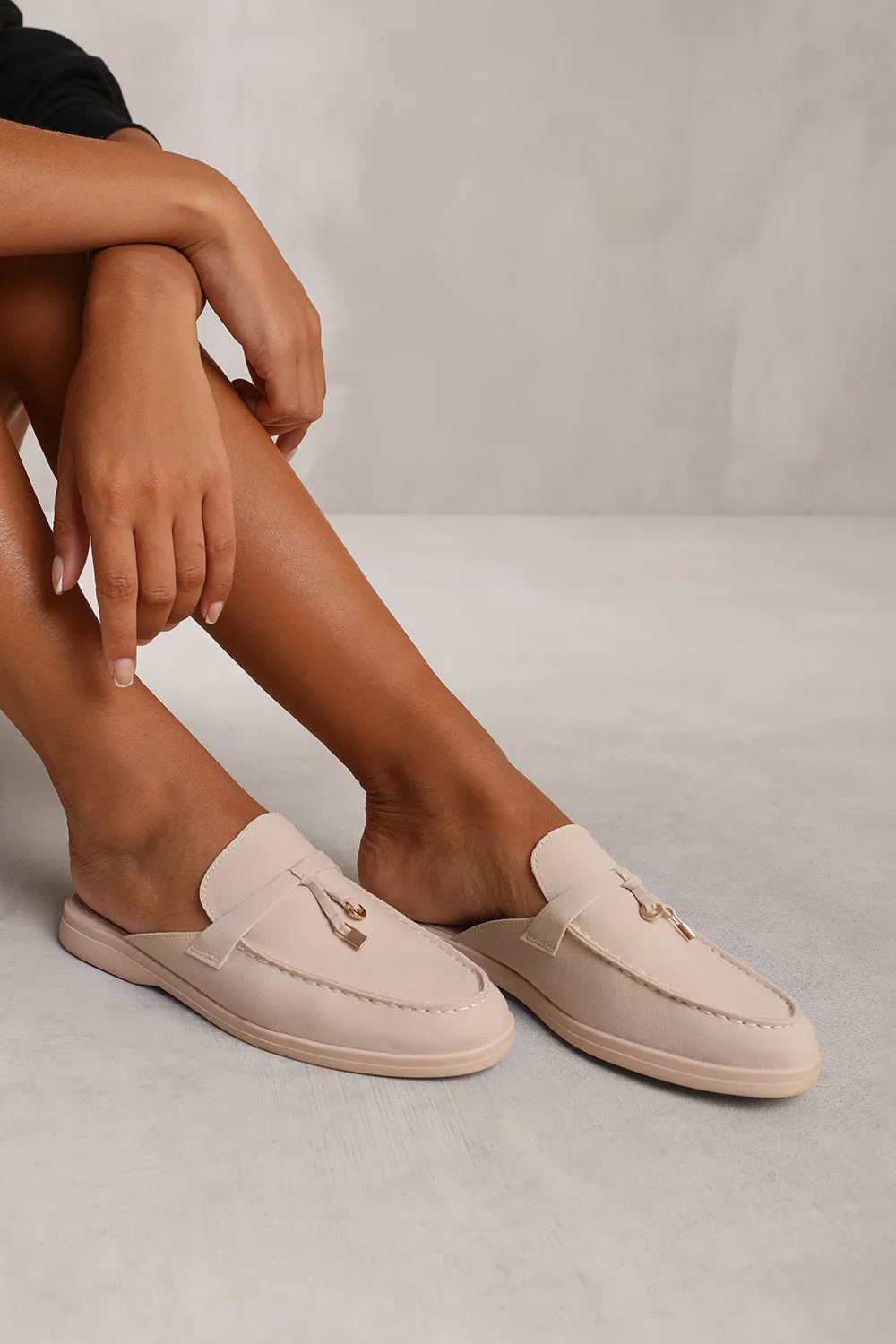 TWILIGHT FLAT SLIP ON LOAFER WITH TASSEL DETAIL IN BEIGE SUEDE