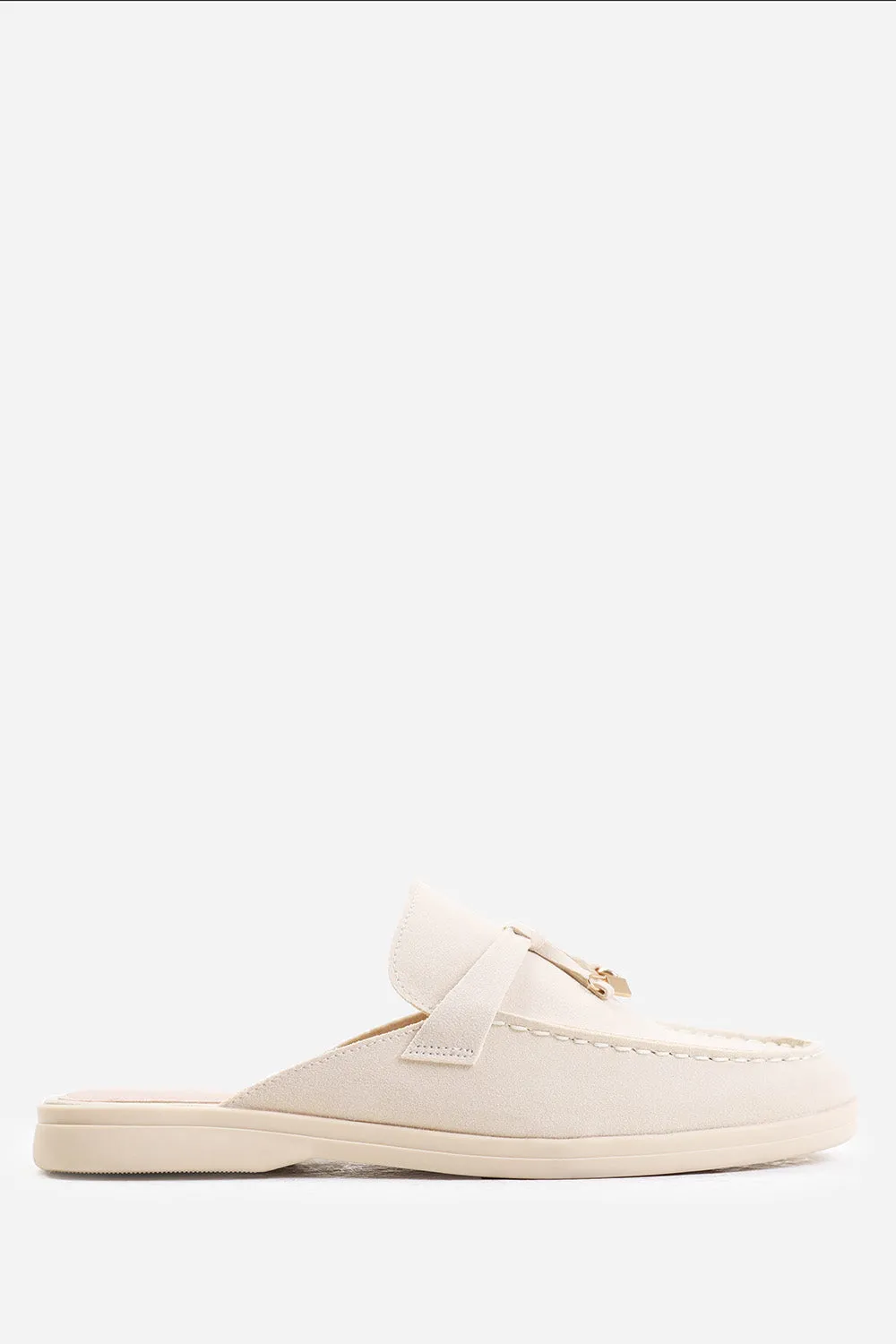 TWILIGHT FLAT SLIP ON LOAFER WITH TASSEL DETAIL IN BEIGE SUEDE