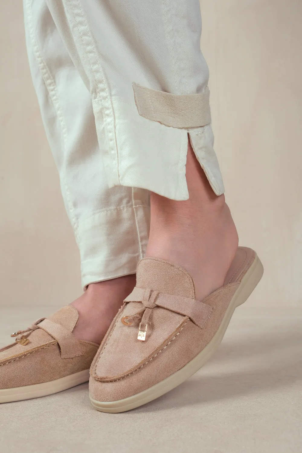 TWILIGHT WIDE FIT FLAT SLIP ON LOAFER WITH TASSEL DETAIL IN KHAKI SUEDE