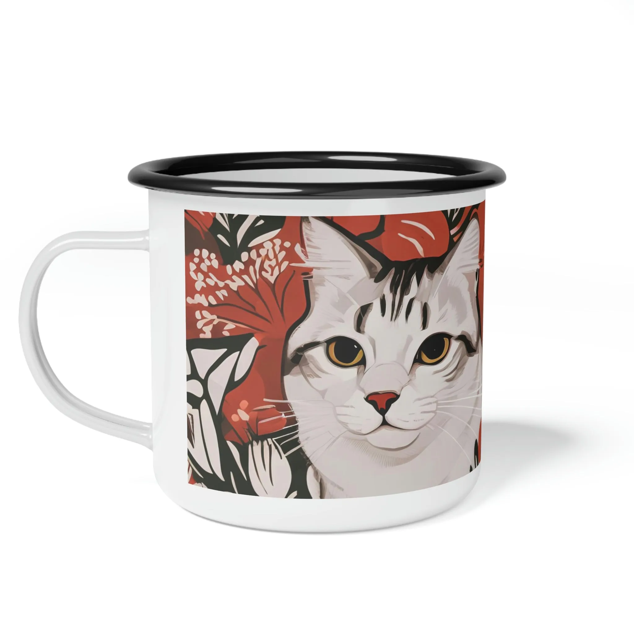 White Cats, Enamel Camping Mug for Coffee, Tea, Cocoa, or Cereal - 12oz