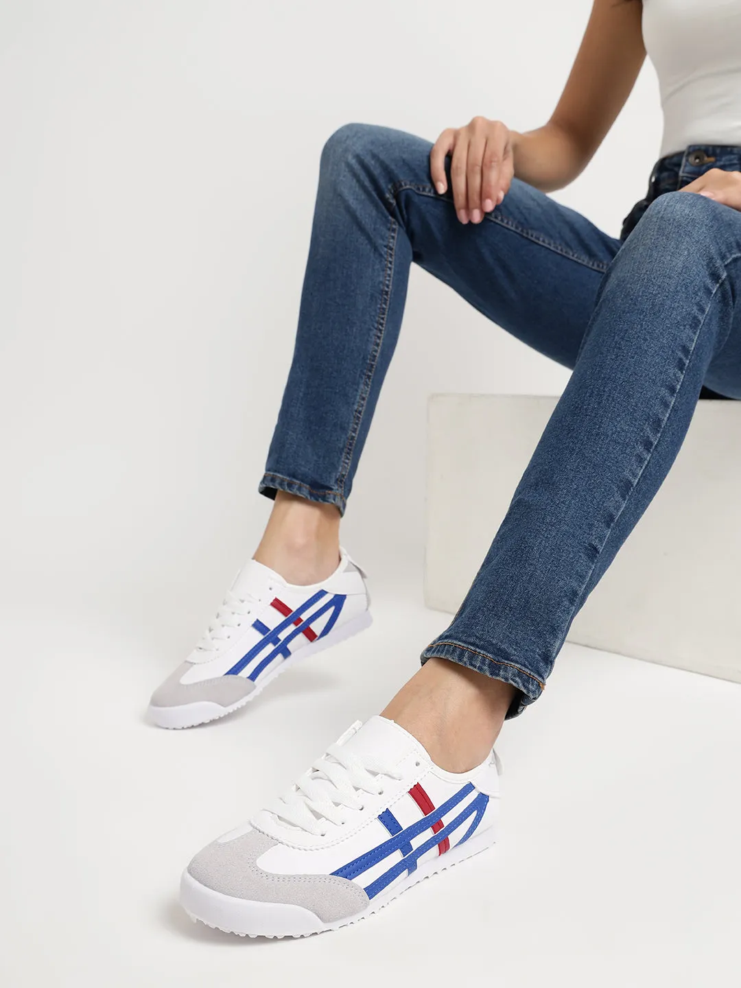 White Navy PU Stylish Lace-Up Sneakers (TC-RS3800-WHTNVY)