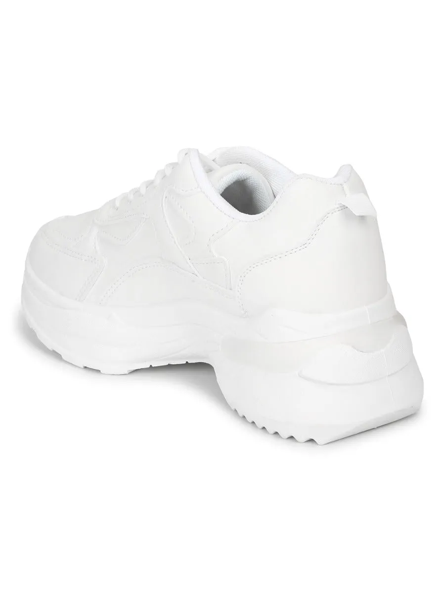 White PU Cleated Bottom Lace-Up Chunky Sneakers