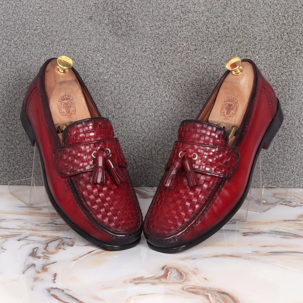 Wine Leather Loafers with Weaved Vamp & Tassel With Leather Sole