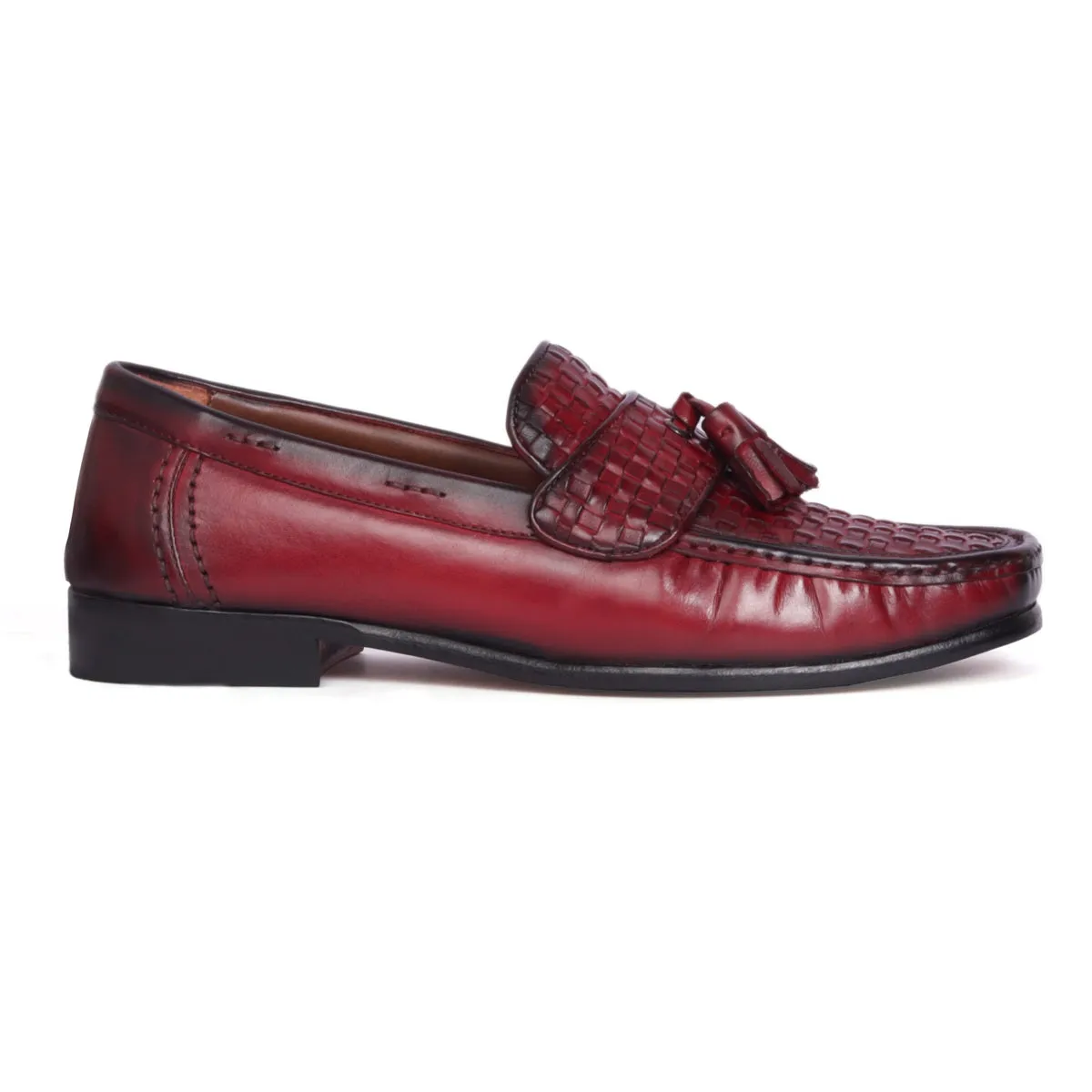 Wine Leather Loafers with Weaved Vamp & Tassel With Leather Sole