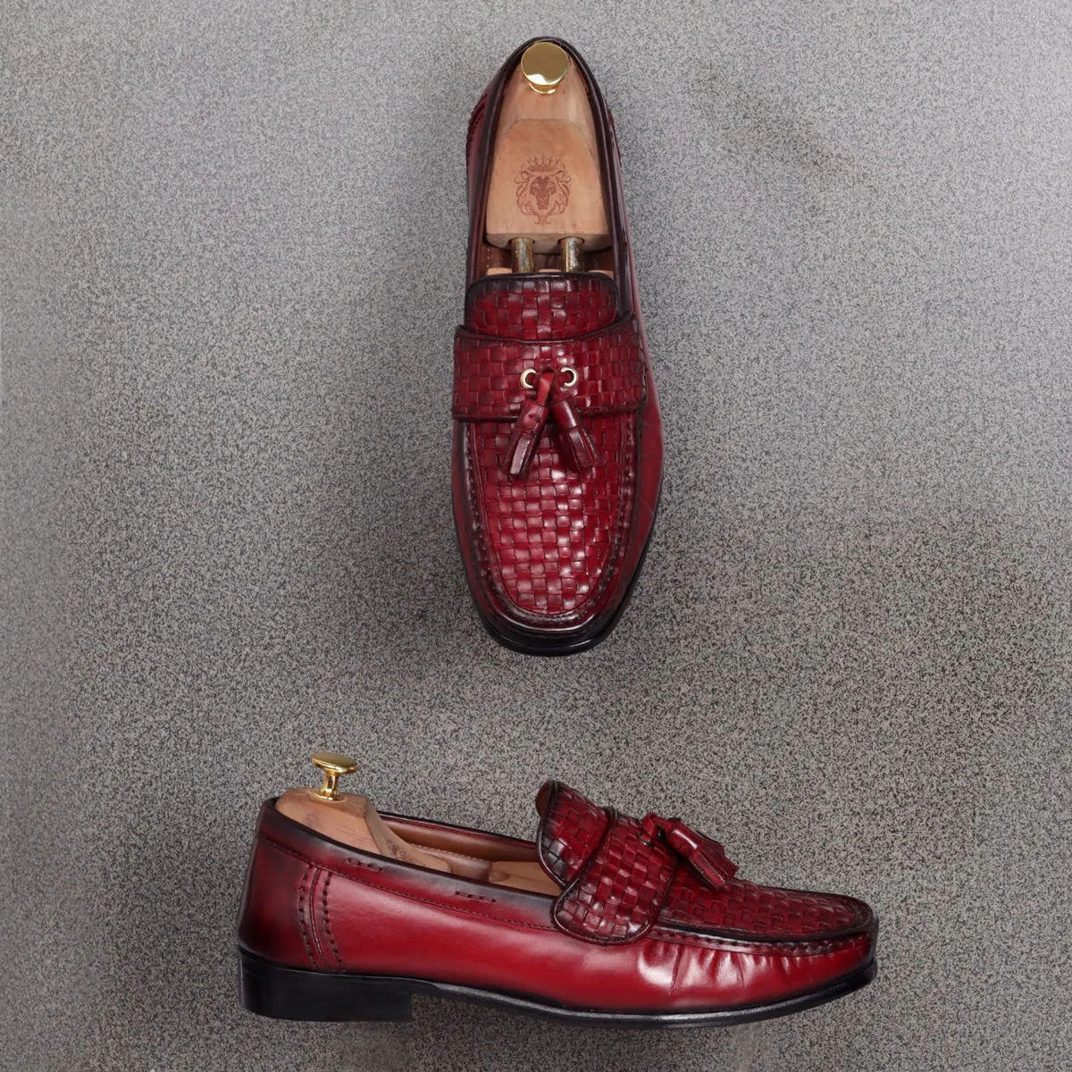 Wine Leather Loafers with Weaved Vamp & Tassel With Leather Sole