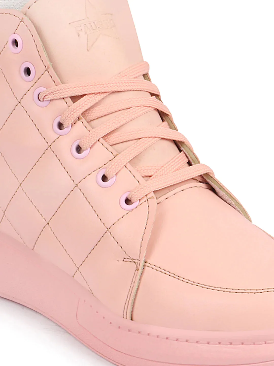 Women Pink High Ankle Top Wedge Heels Stitched Design Lace Up Sneakers Shoes