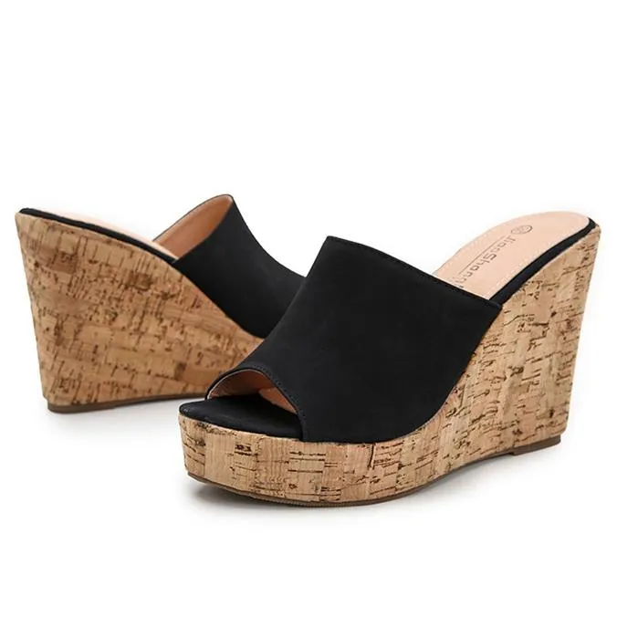 Women platform peep toe strap slip on wedge heels