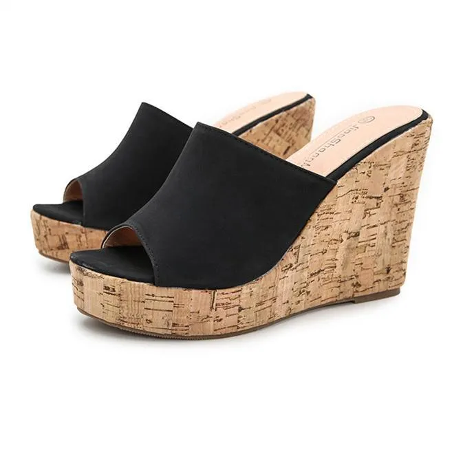 Women platform peep toe strap slip on wedge heels