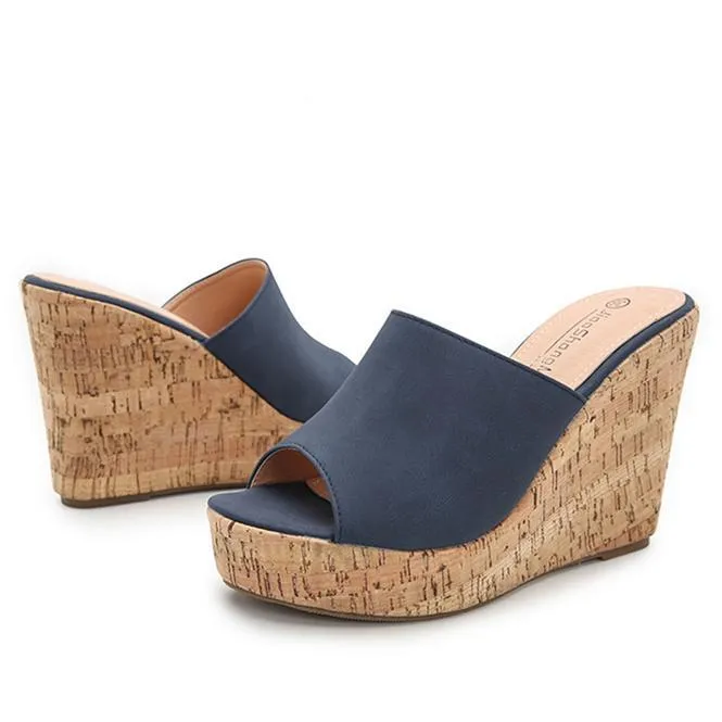 Women platform peep toe strap slip on wedge heels